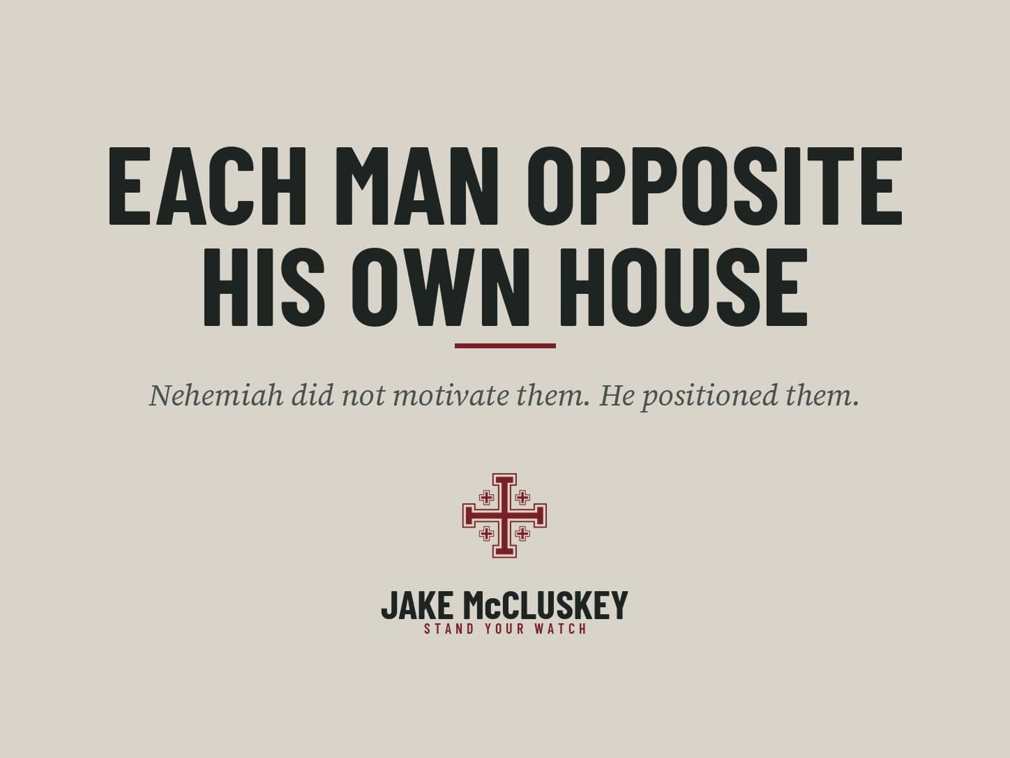 Brand card, oxblood Jerusalem Cross on paper: Each Man Opposite His Own House