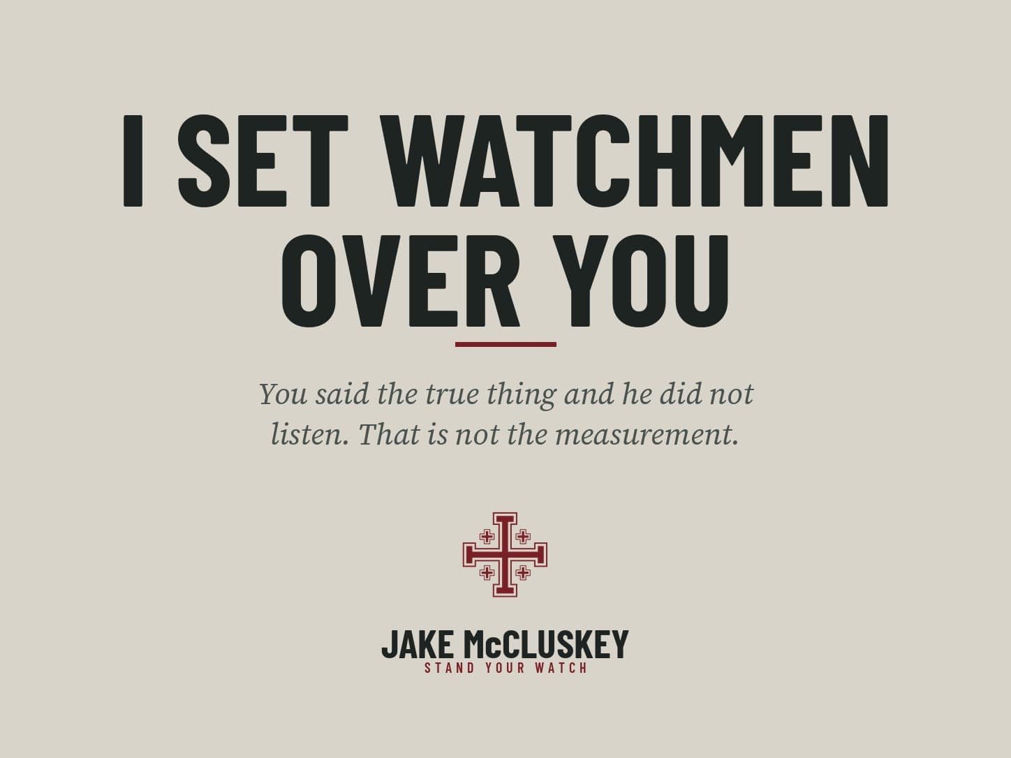 Brand card, oxblood Jerusalem Cross on paper: I Set Watchmen Over You