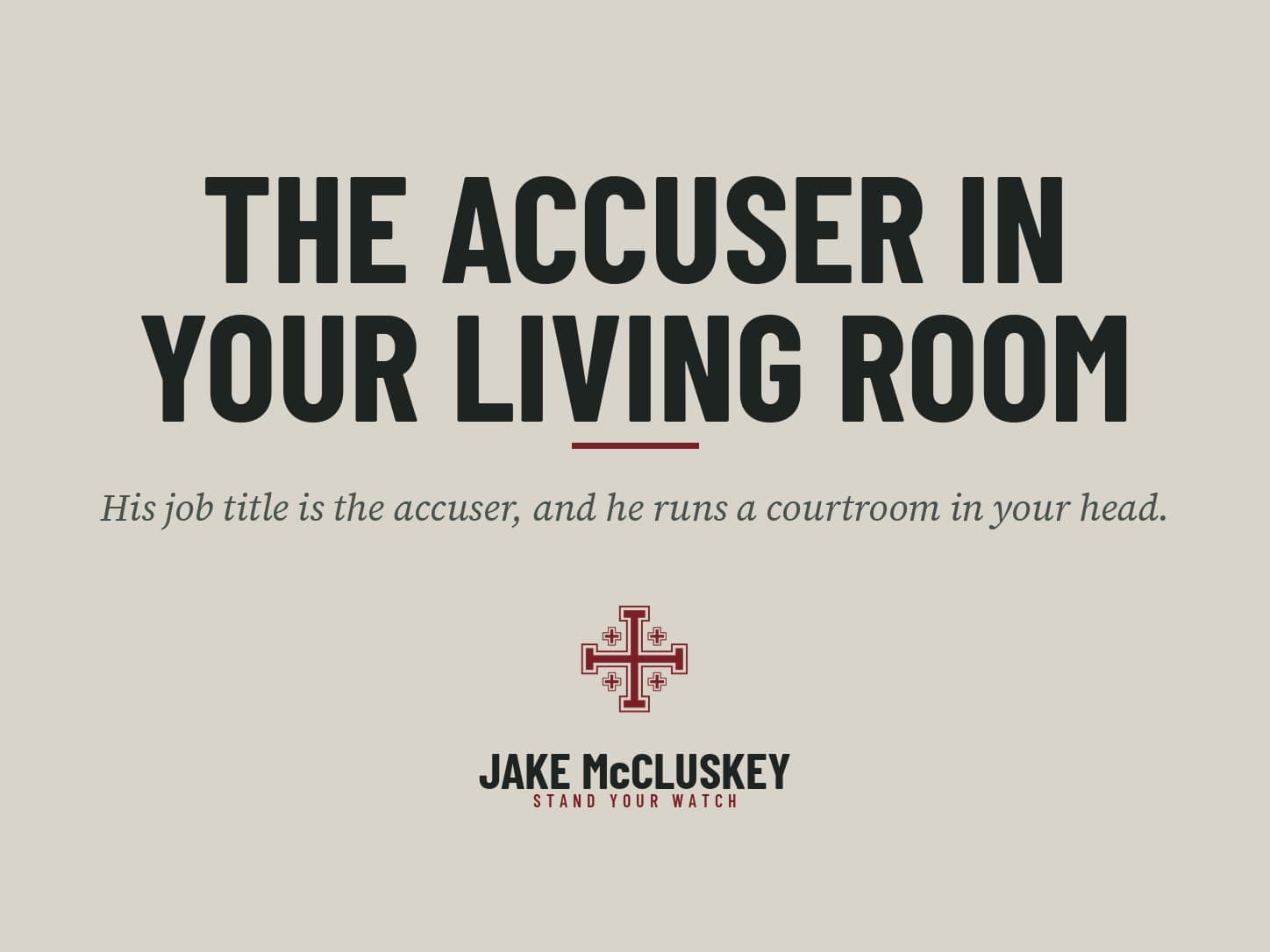 Brand card, oxblood Jerusalem Cross on paper: The Accuser in Your Living Room