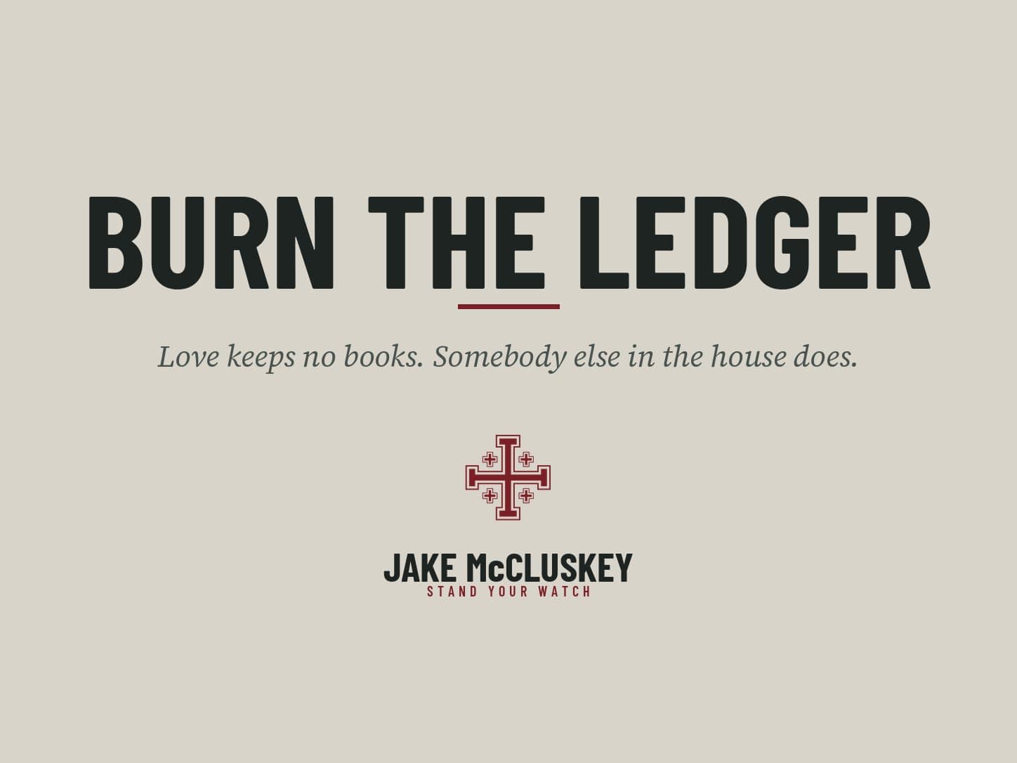 Brand card, oxblood Jerusalem Cross on paper: Burn the Ledger