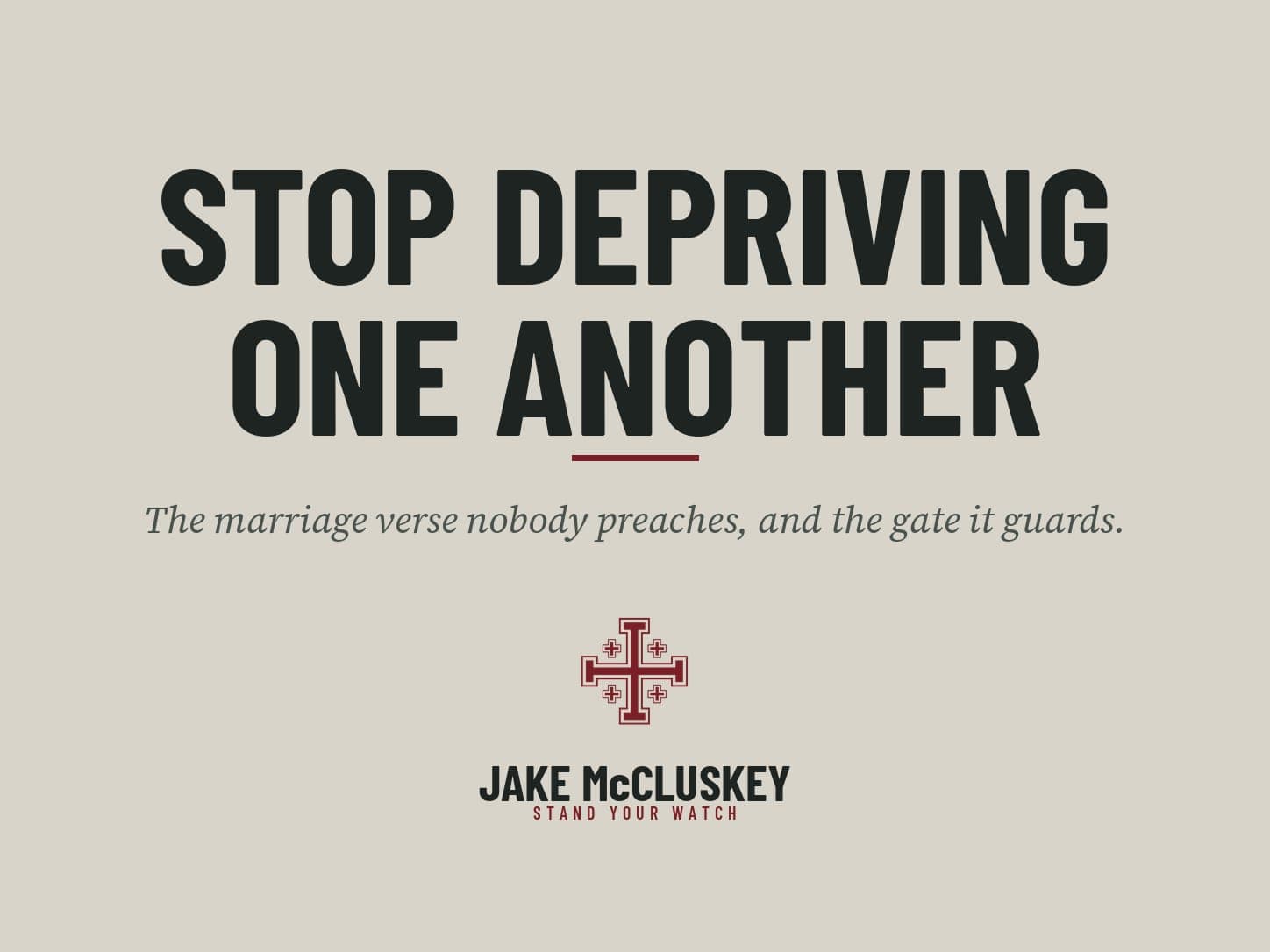 Brand card, oxblood Jerusalem Cross on paper: Stop Depriving One Another