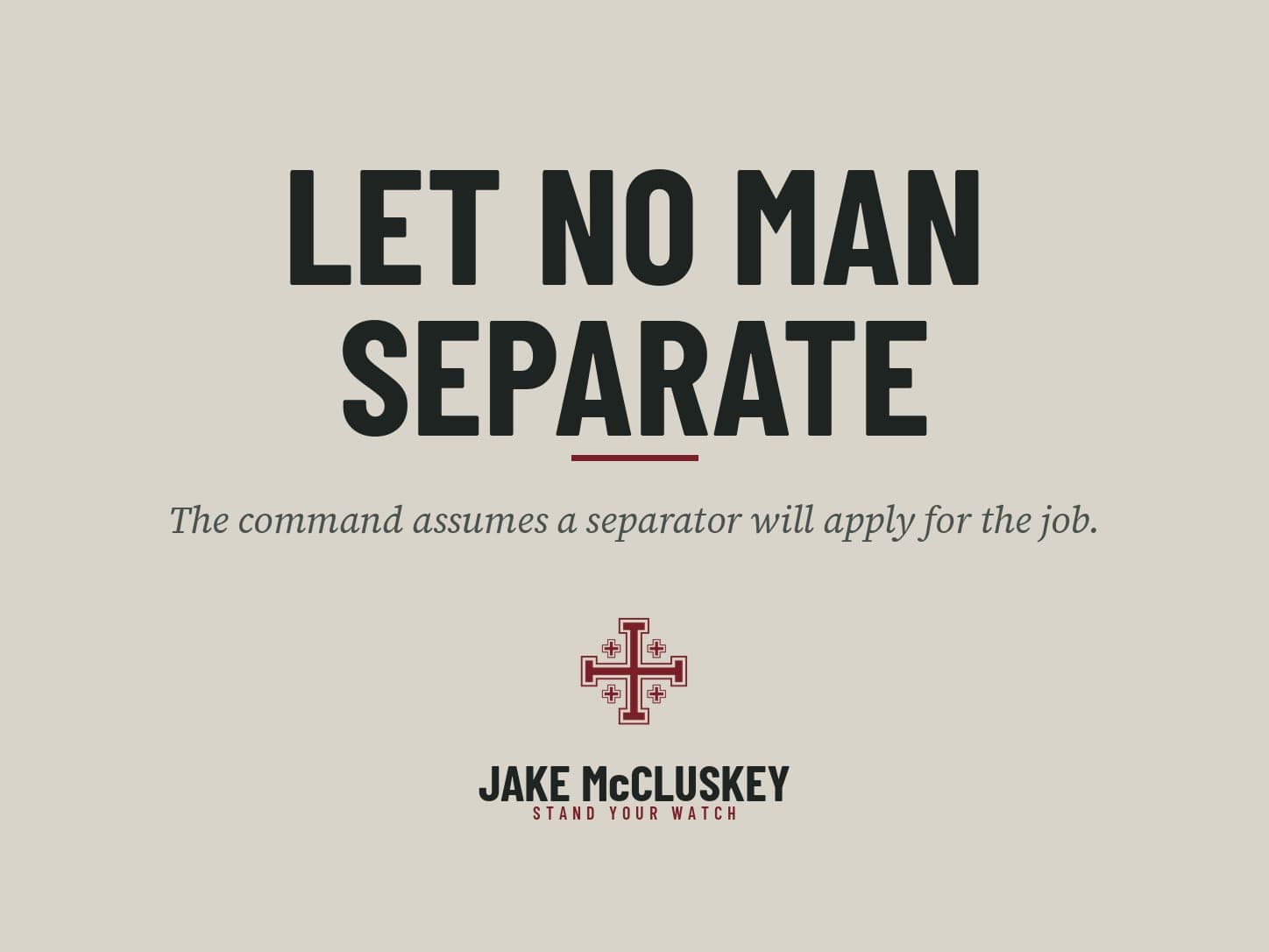 Brand card, oxblood Jerusalem Cross on paper: Let No Man Separate