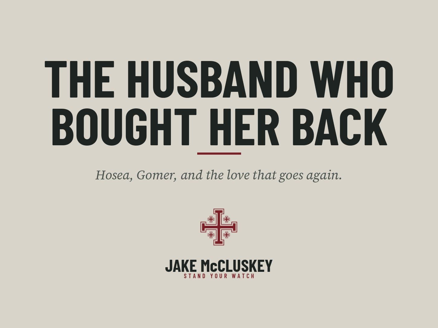 Brand card, oxblood Jerusalem Cross on paper: The Husband Who Bought Her Back