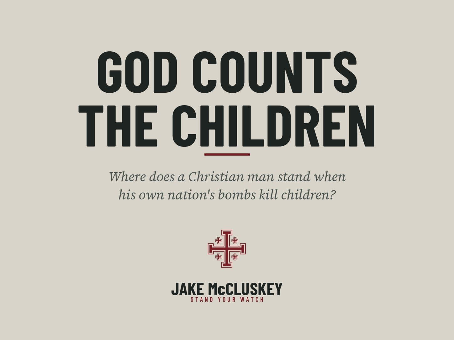 Brand card, oxblood Jerusalem Cross on paper: God Counts the Children