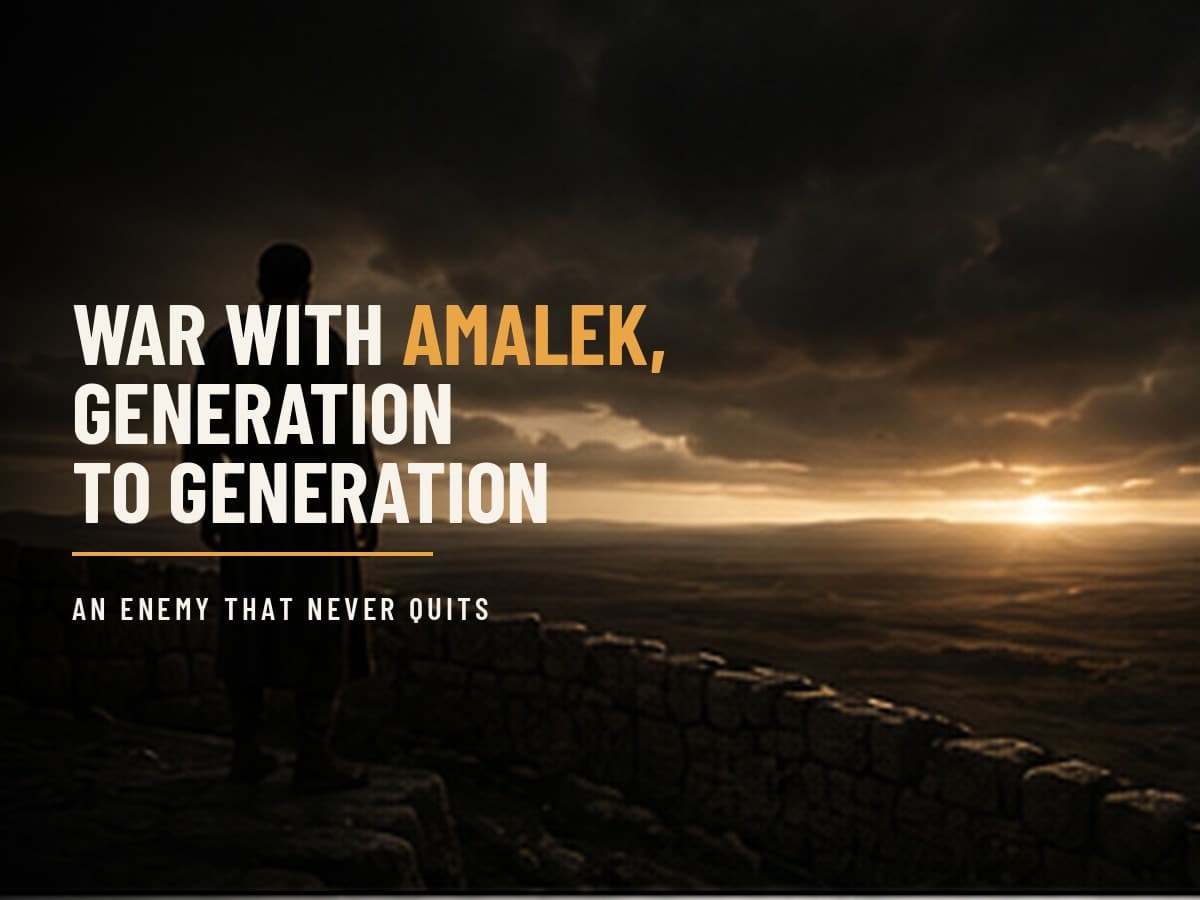 A watchman standing on a weathered stone rampart at dusk, looking out over a dark landscape, in the dark cinematic style of the Take It by Force series, with the words "War With Amalek, Generation to Generation" set across the graphic.