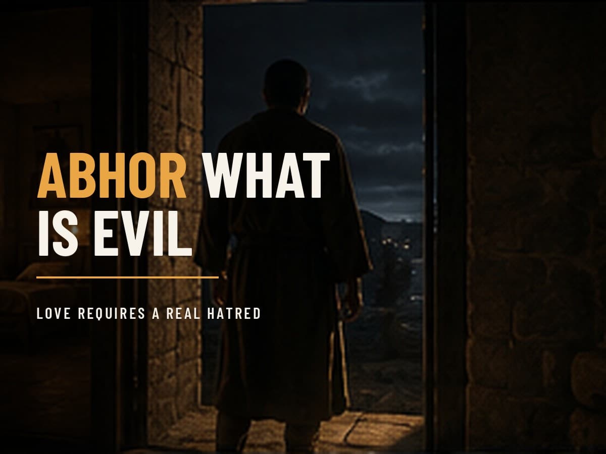 A man standing in a doorway at night, guarding the threshold between a warm home and the cold dark, in the dark cinematic style of the Take It by Force series, with the words "Abhor What Is Evil" set across the graphic.