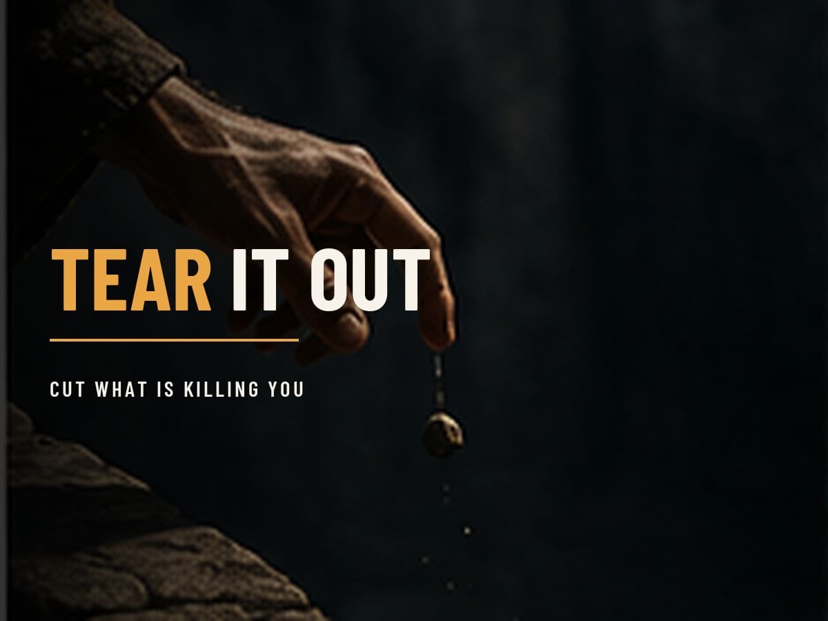A man's hand at the edge of a high stone parapet releasing something into the dark below, in the dark cinematic style of the Take It by Force series, with the words "Tear It Out" set across the graphic.