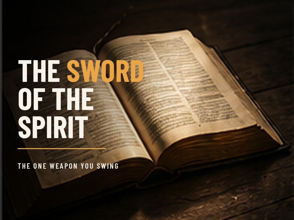 An open leather Bible on a dark table with a hard blade of light across the pages, in the dark cinematic style of the Take It by Force series, with the words "The Sword of the Spirit" set across the graphic.
