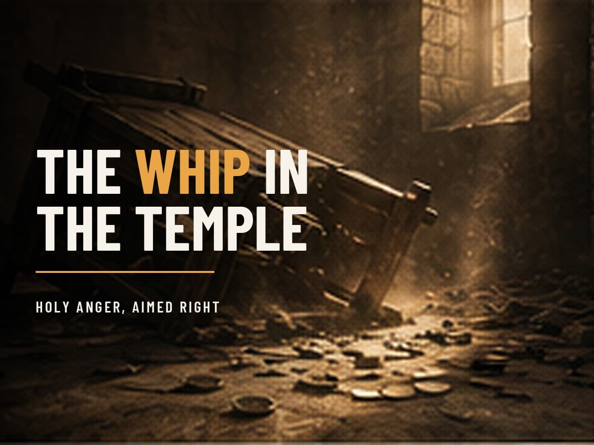 An overturned heavy table in a dim stone hall, coins scattered, dust hanging in hard light, in the dark cinematic style of the Take It by Force series, with the words "The Whip in the Temple" set across the graphic.