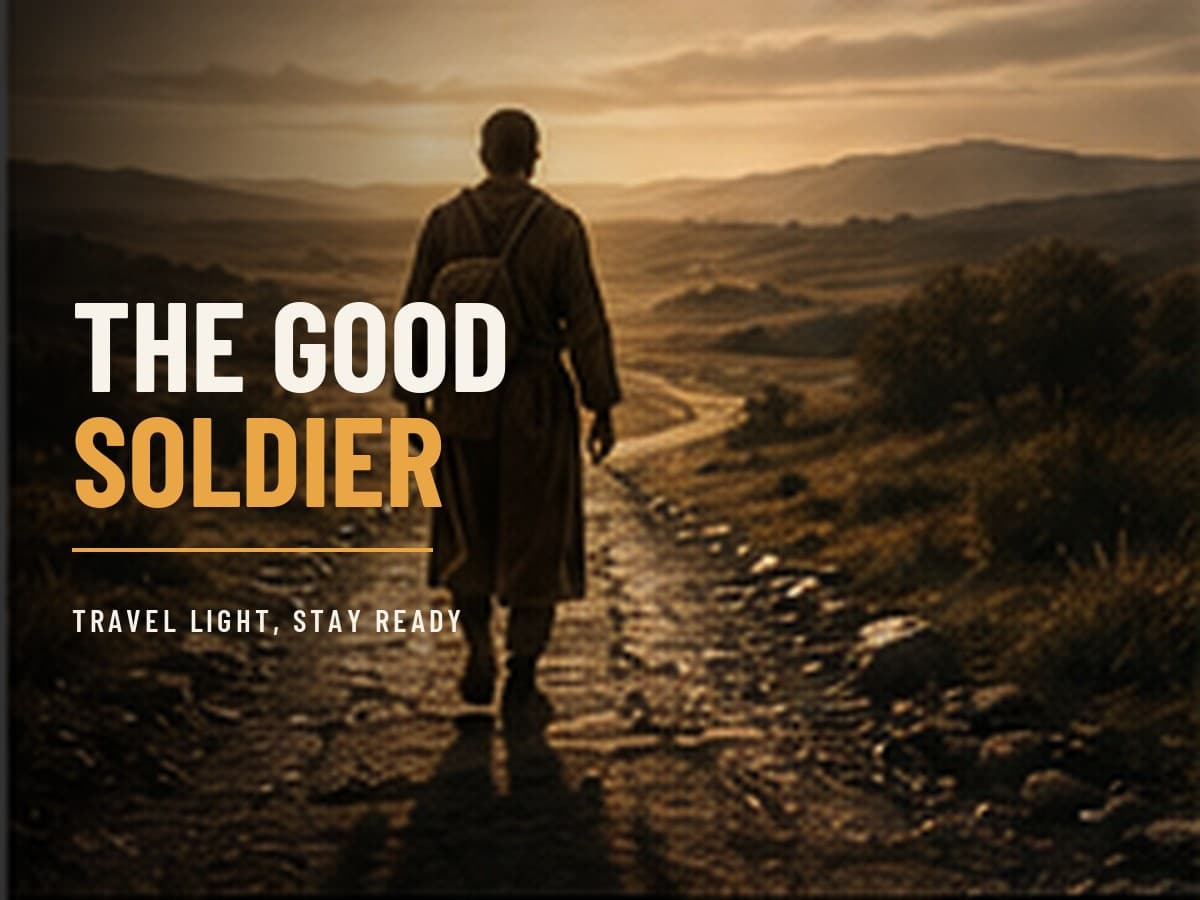 A lone man walking a hard empty road at dawn carrying almost nothing, seen from behind, in the dark cinematic style of the Take It by Force series, with the words "The Good Soldier" set across the graphic.