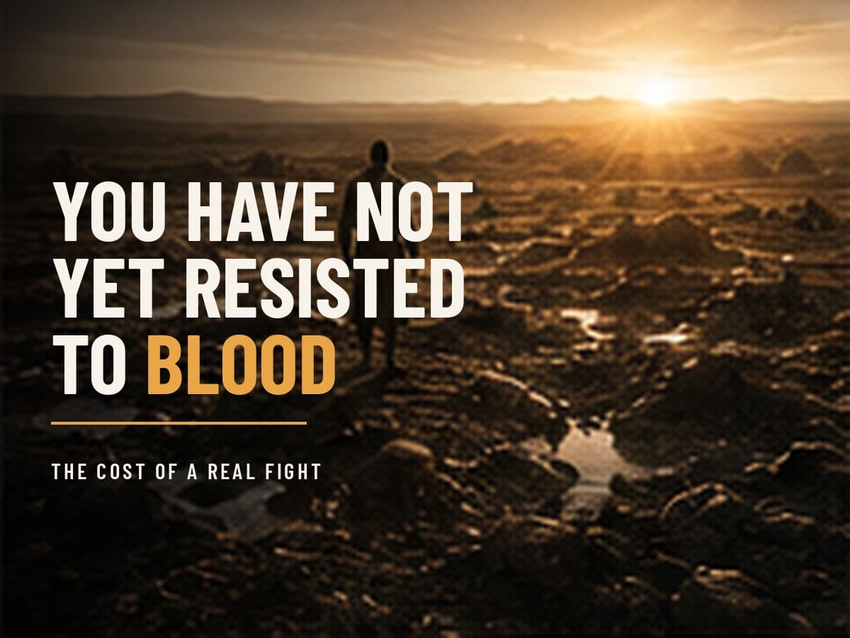 A man still standing at the far edge of a spent, torn-up field at first light, exhausted but upright, in the dark cinematic style of the Take It by Force series, with the words "You Have Not Yet Resisted to Blood" set across the graphic.