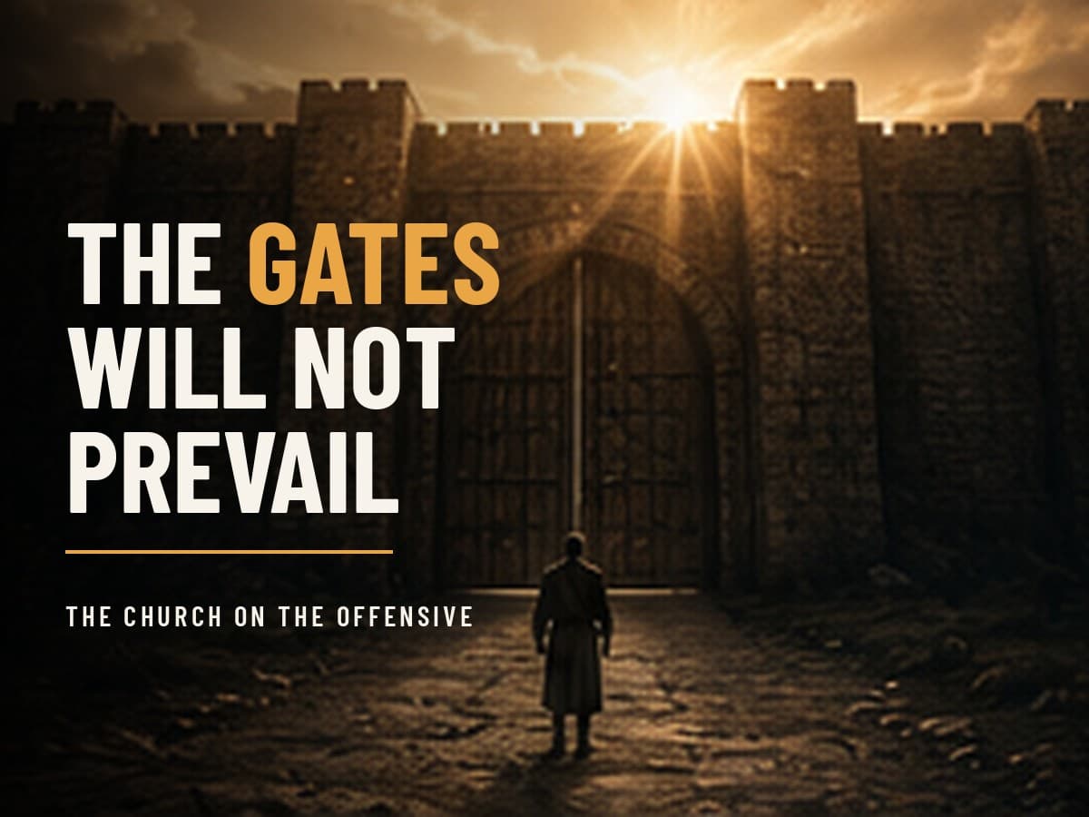 A great dark fortress gate at dawn with a single small figure advancing before it as light crests the wall, in the dark cinematic style of the Take It by Force series, with the words "The Gates Will Not Prevail" set across the graphic.