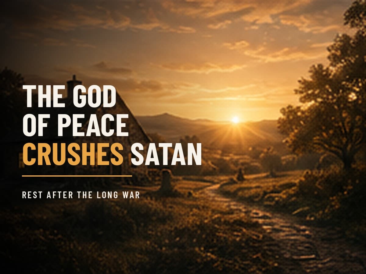 A full warm sunrise breaking over a quiet, safe home and still land, the storm gone, in the dark cinematic style of the Take It by Force series, with the words "The God of Peace Crushes Satan" set across the graphic.