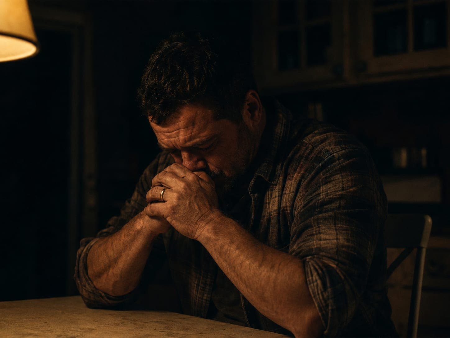 A weathered man alone at a dark kitchen table late at night, head bowed against his clasped hands, a wedding ring on his finger, in the quiet after his anger has passed