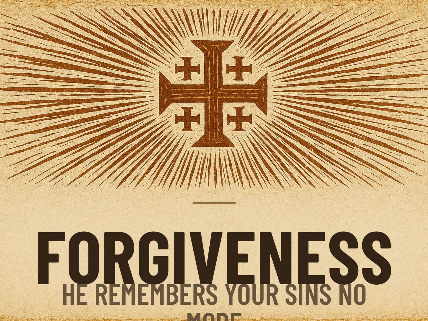 A carved woodcut print of a radiant Jerusalem Cross beneath the word Forgiveness, the series card for the post He Remembers Your Sins No More.