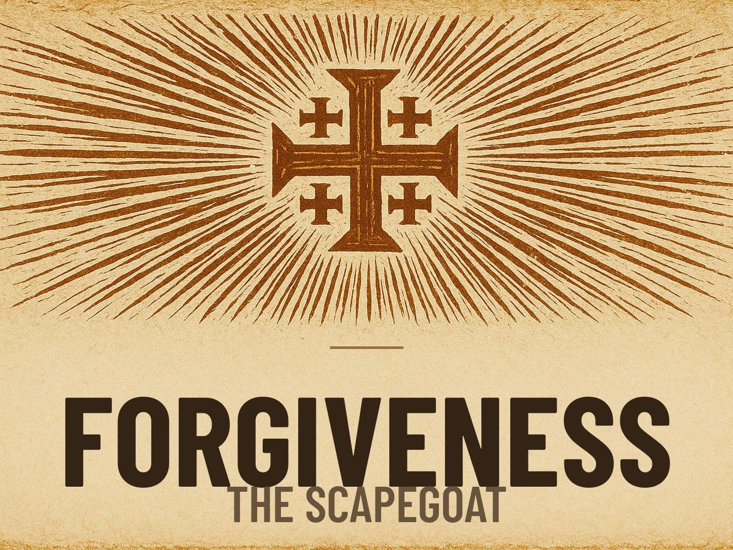 A carved woodcut print of a radiant Jerusalem Cross beneath the word Forgiveness, the series card for the post The Scapegoat.