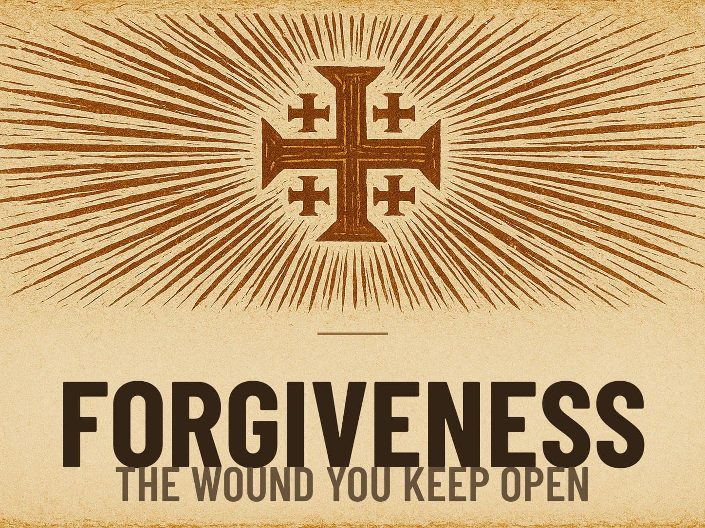 A carved woodcut print of a radiant Jerusalem Cross beneath the word Forgiveness, the series card for the post The Wound You Keep Open.