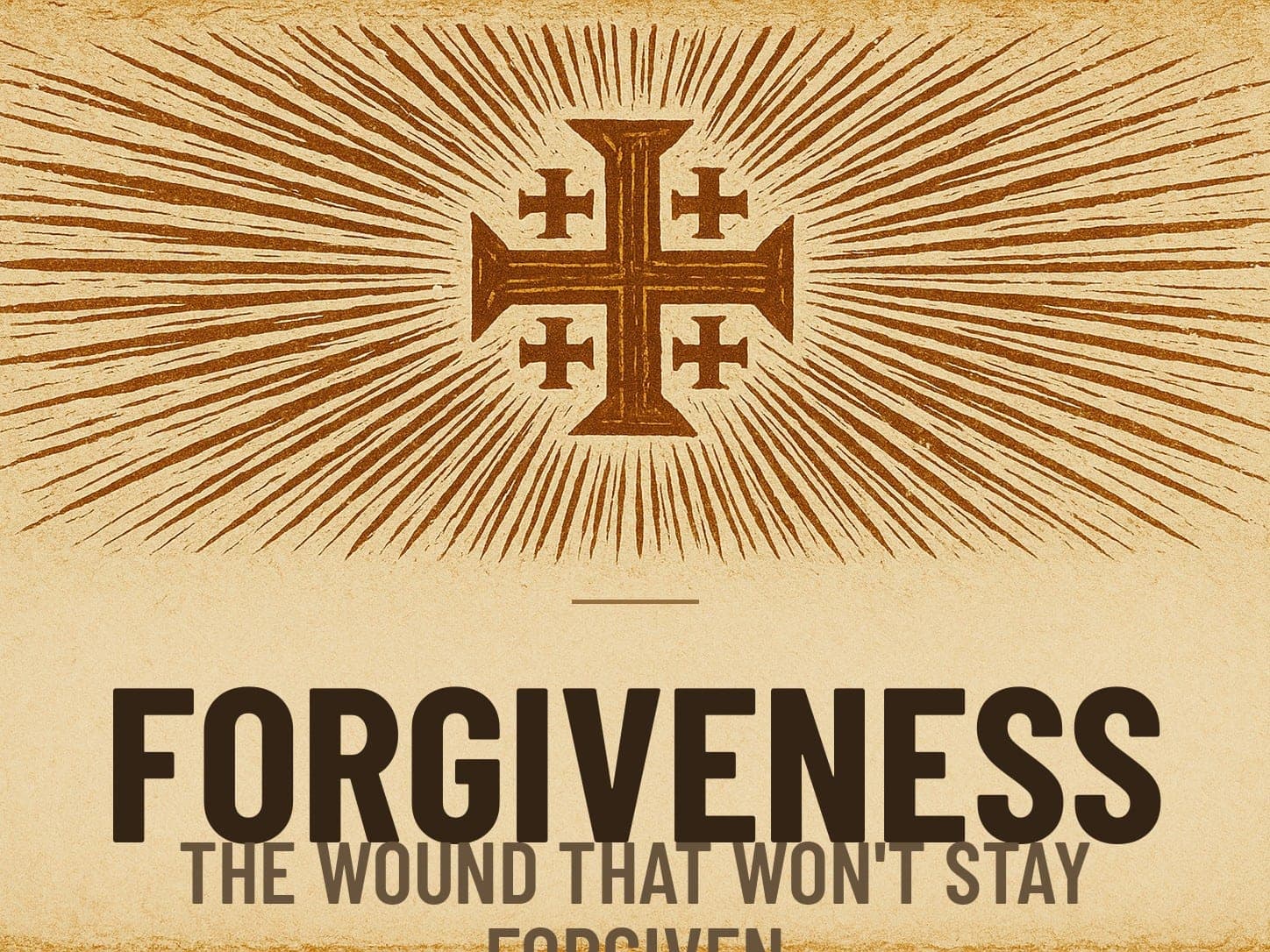 A carved woodcut print of a radiant Jerusalem Cross beneath the word Forgiveness, the series card for the post The Wound That Won't Stay Forgiven.