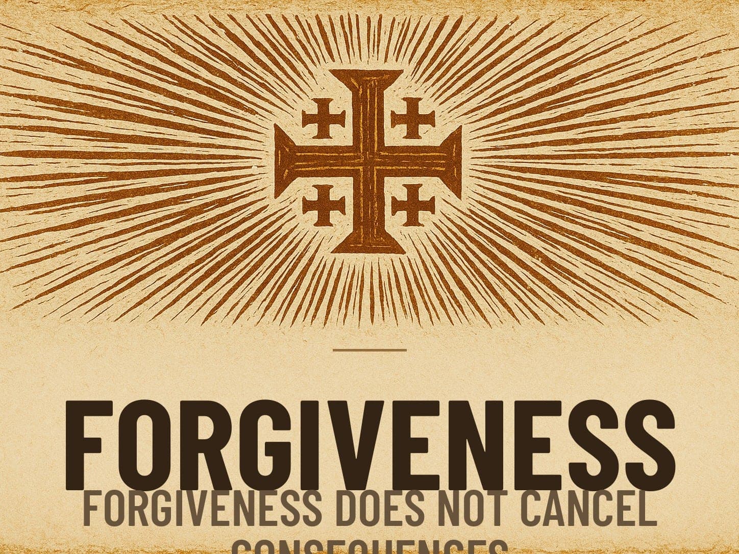 A carved woodcut print of a radiant Jerusalem Cross beneath the word Forgiveness, the series card for the post Forgiveness Does Not Cancel Consequences.