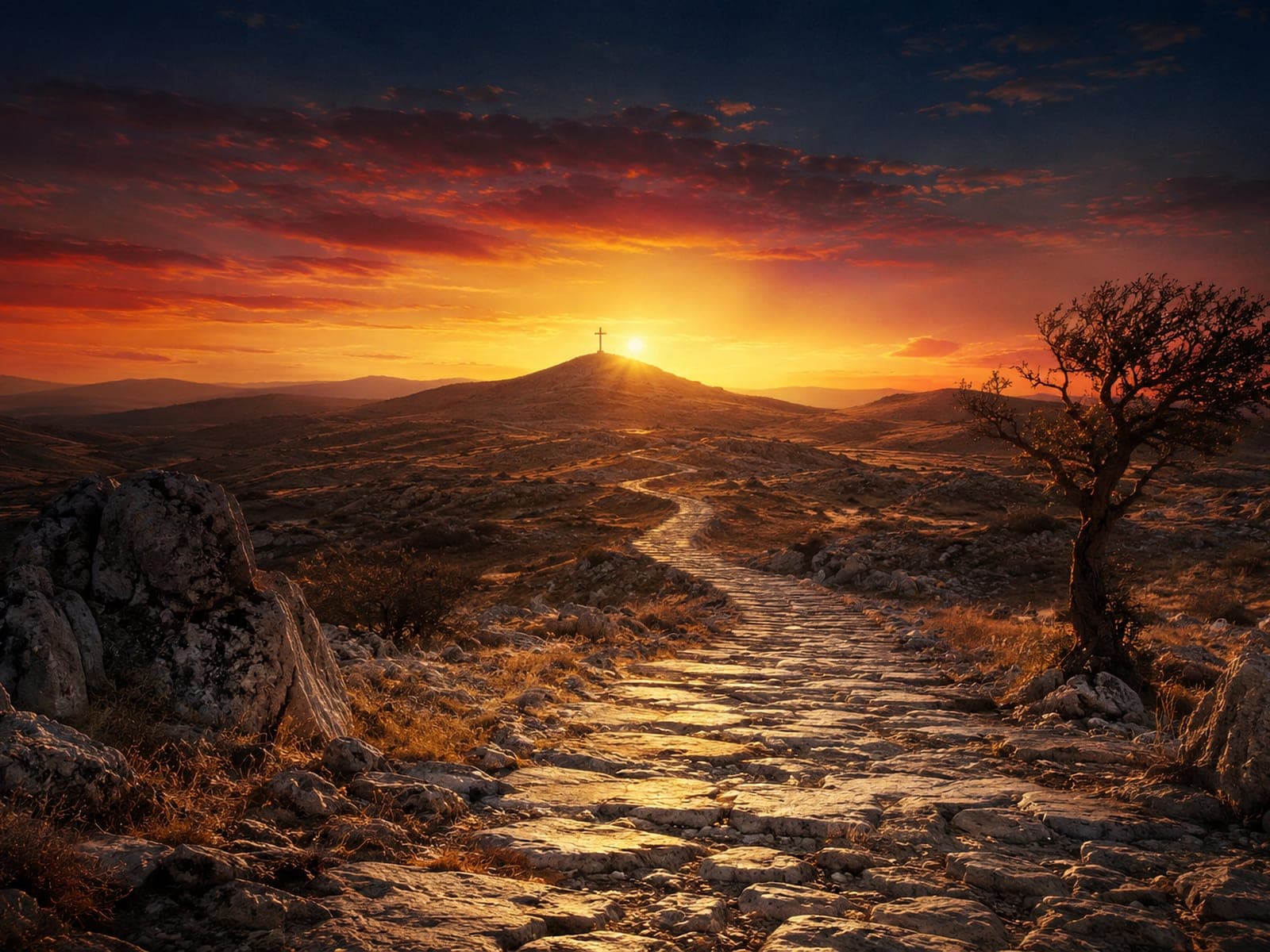 A stone path winds through a rugged wilderness at sunrise toward a distant hill topped by a single cross, with a lone tree at the right.