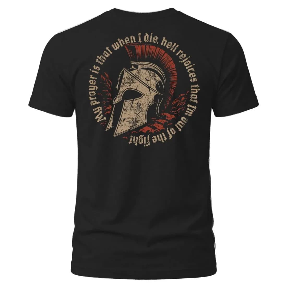 Black Reformed Sage t-shirt, back view, with a Spartan helmet graphic and a bold Christian warrior message printed around it.