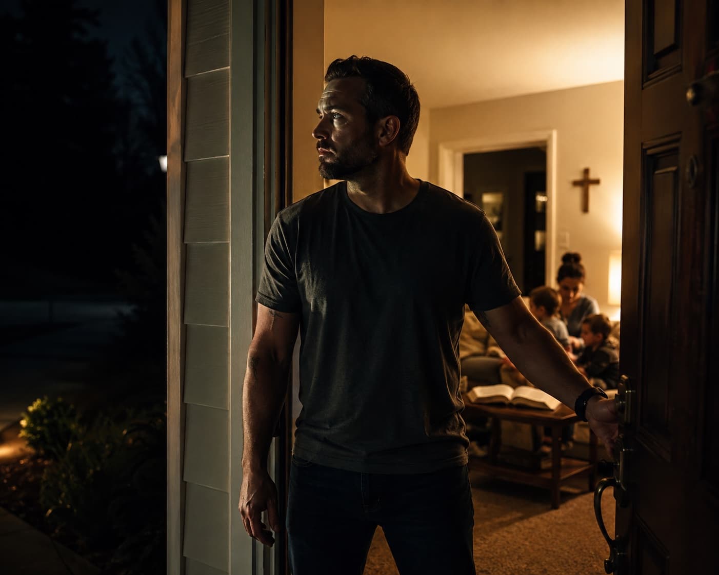 A man standing watch at the door of his home at night, his family and an open Bible behind him